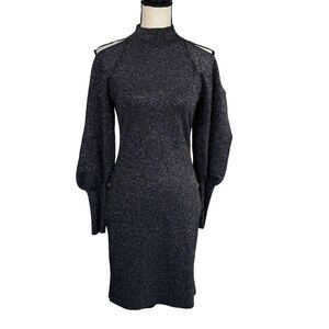 INC Medium Sweater Dress Glitter Cold-Shoulder Balloon Sleeves Stretch Mock Neck